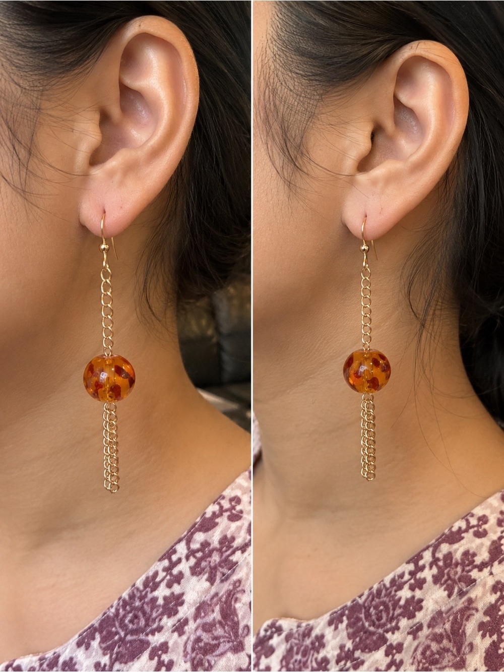 Handmade Amber Gold Chain Dangle Earrings Elegant Boho Jewelry Lightweight